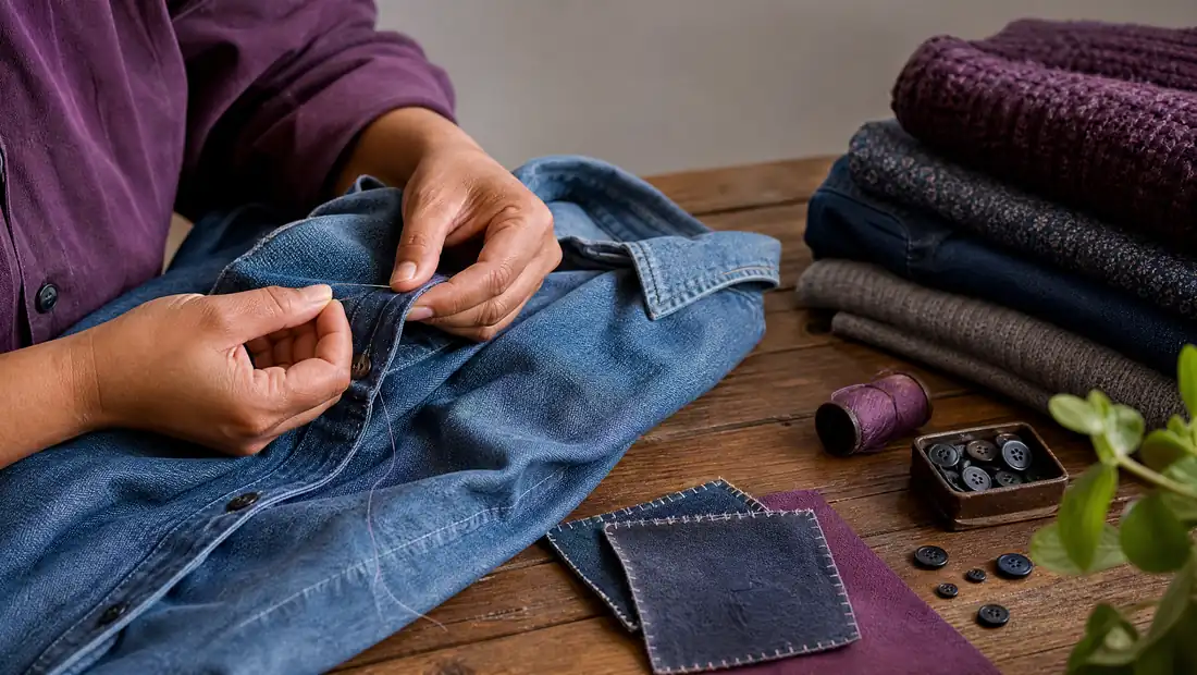 Cena editorial sobre cuidado, reparo e reutilização de roupas